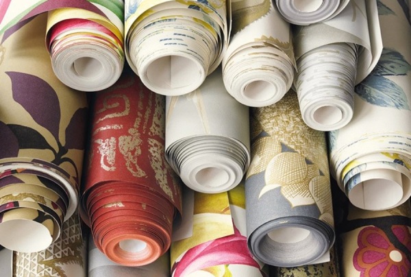 Rolls of colourful wallpaper
